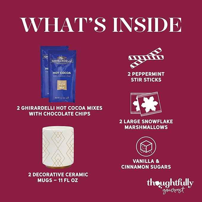 Hot Cocoa for Two Gift Set Made with Ghirardelli, Includes 2 Mugs, 2 Hot Cocoa Mixes, 2 Sugar Toppings, 2 Peppermint Stirrers & 2 Snowflake Marshmallows