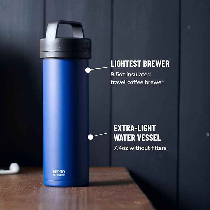 ESPRO P0 Ultralight French Press Coffee Maker for Travel, Vacuum Insulated Stainless Steel, 16 Ounces, Blue