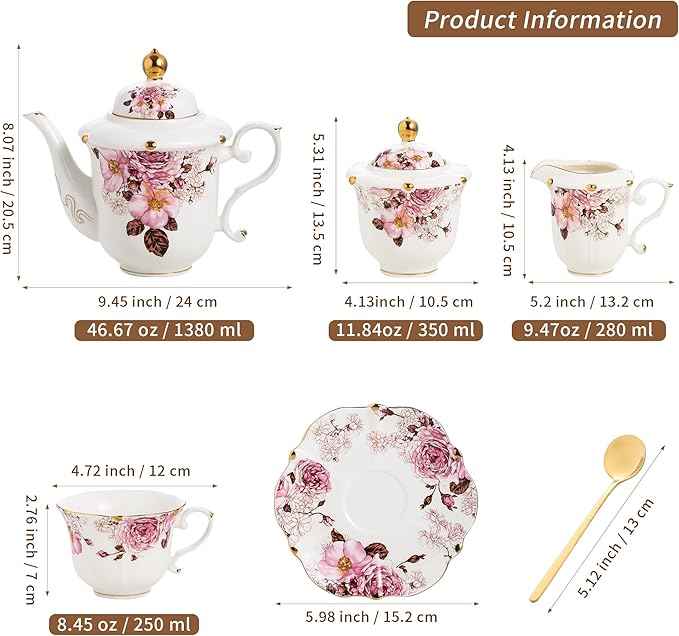 TATSUMI Country Roses Porcelain Tea Set, European Ceramic tea set for adults,Vintage Style, For Women and Tea Parties (Chocolate Red, 21 Pieces Set)
