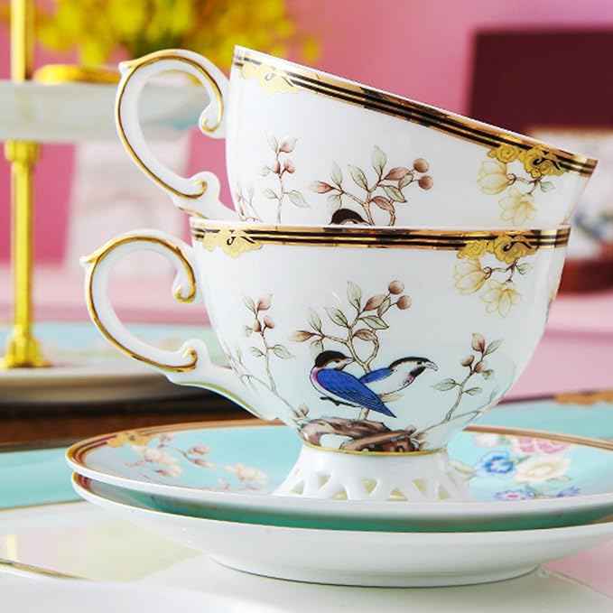 ACMLIFE Bone China Tea Cup and Saucer Set - Bone China Tea Coffee Cup and Saucer Set for 1 Luxury Fine China Tea Cup Set for One Blue Vintage Teacups and Saucers for Women Tea Party or Gift Giving
