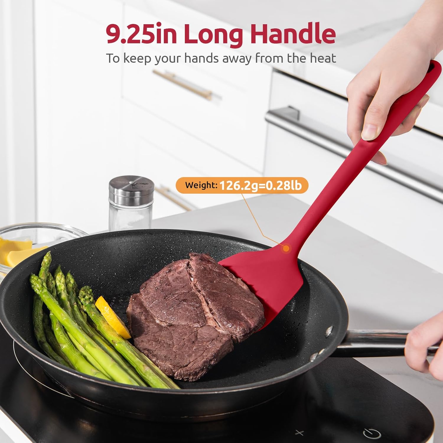 600ºF Heat Resistant Silicone Turner: U-Taste 13.6in Solid Kitchen Spatula Flipper, Food Grade Flexible & Thin Rubber Seamless Cooking Utensil for Flipping Egg, Pancake in Nonstick Cookware (Red)