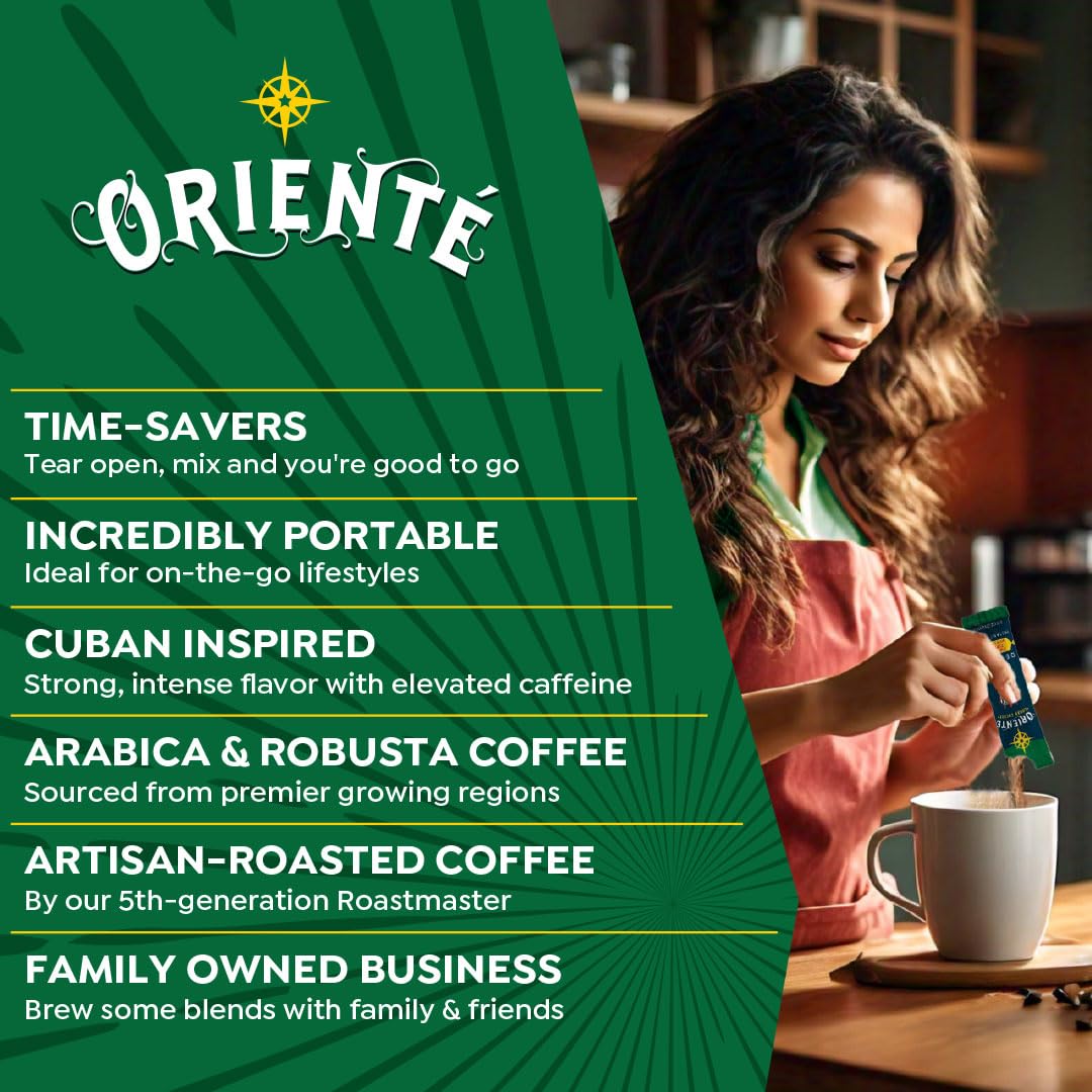 Oriente Dark Roast Instant Coffee, 20 ct, Sweetened Espresso – 100% Arabica Coffee, Instant Hot or Iced Coffee - Just add water