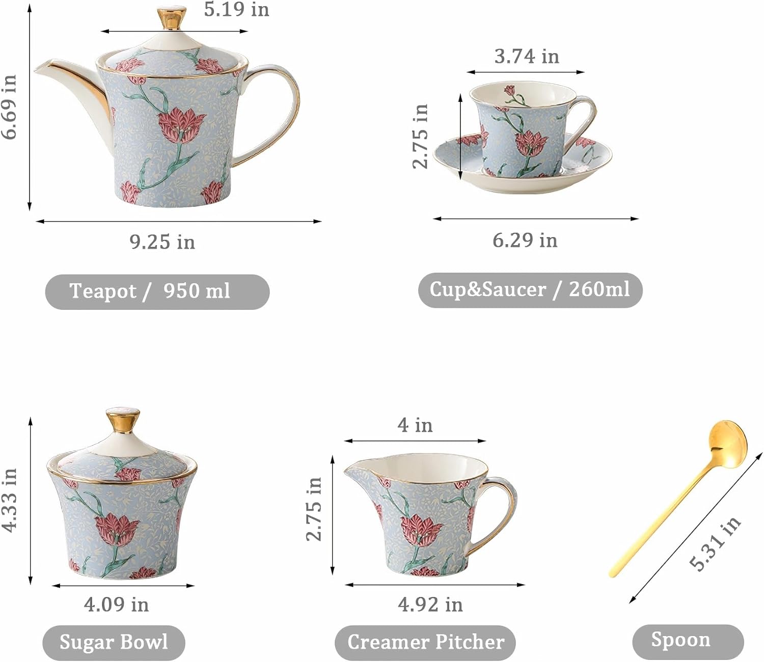ACMLIFE Tea Set for Adults- Fine China Tea Set for 6, 21-Piece Vintage Coffee Set English Porcelain Tea Pot Sets for Adult Tea Party for Women Gift (Tulip Blue, Extra Large 21)