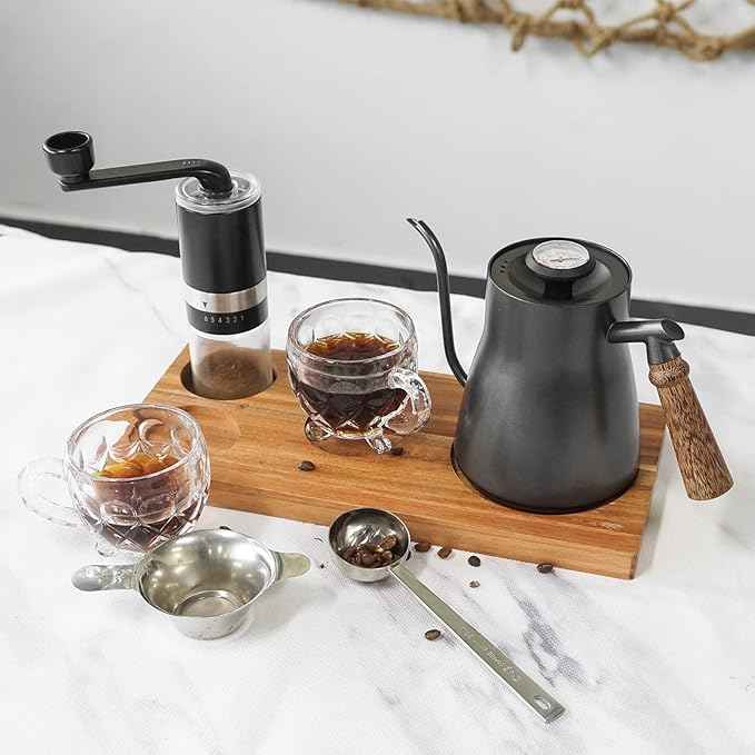 SOTECH Pour Over Coffee Maker Set Chinese Tea Set Wooden Storage Tray Coffee Dripper Glass Server Coffee Scoop DIY Manual Pour Over Kit Black(Portable Natural Jute Bag Set)