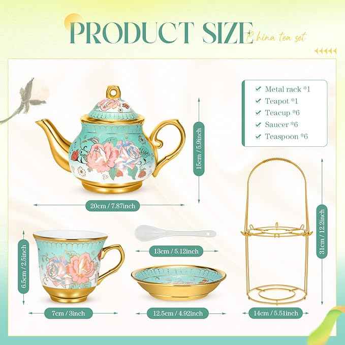 20 Pcs Porcelain Tea Set for Adults with Metal Holder and Spoon European Ceramic Tea Party Set Flower Painting Teapot Cup Saucer for Christmas Women Gifts, Serving 6 People(Modern)