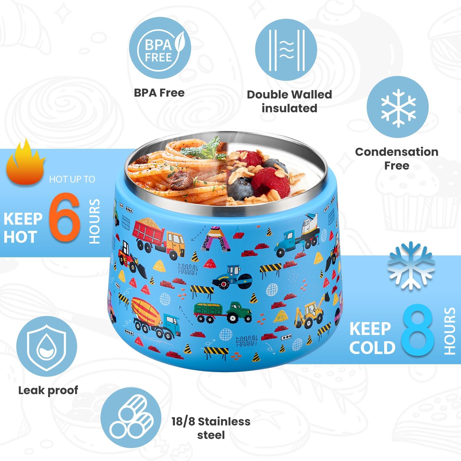 Soup Thermo for Hot Food Kids 14oz Lunch Containers with Buckle Lid Wide Mouth Hot Food Jar Vacuum Insulated Stainless Steel Bento Box Leakproof with Spoon (Truck) - Blissbrew