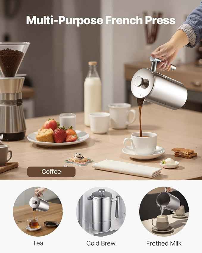 VEVOR French Press Coffee Maker, 34 Ounce 1 Liter Stainless Steel Coffee Press Tea Maker with Filter, Large Double Wall Insulated French Presses Cold Brew for Camping Travel Home Kitchen, Silver