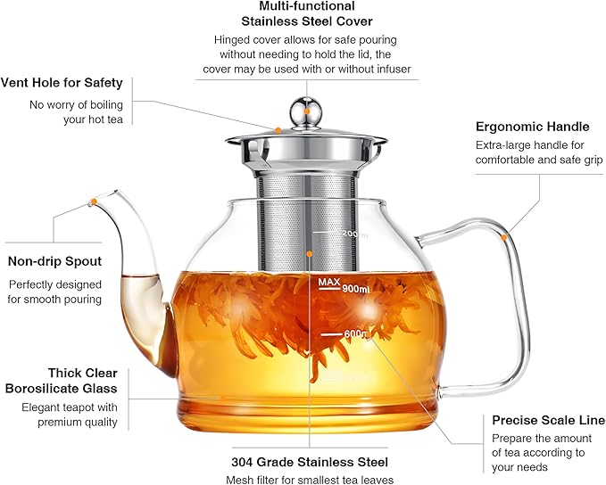 Glass Teapot, 40oz/1200ml Tea Pot with Removable Infuser for Loose Tea, Stovetop Safe Borosilicate Glass Tea Kettle with Strainer and Lid, Hand Crafted Clear Teapot with Scale Line, Tea Brewer Guide