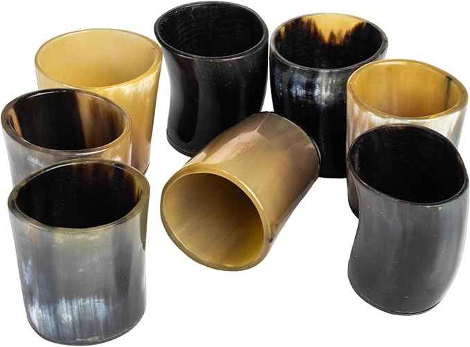 Handicrafts Home Handmade Horn Shot Glasses Set of 8, 3 oz Natural Viking Drinking Whiskey Shots for Cocktails & Parties- Medieval Decor Gift Set for Men & Groomsmen, Unique Bar Shot