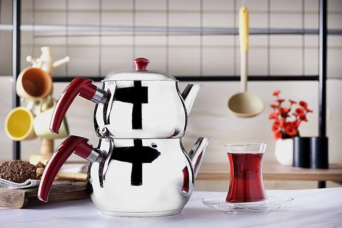 DESTALYA Turkish Teapot Set | Stainless Steel Double Tea Pots for Stove Top | Tea Maker with Strainer | Samovar Tea Kettle, Water Heater (Midi with Red Handles)