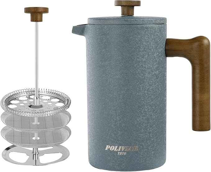 POLIVIAR French Press Coffee Maker, 34 Ounce Coffee Press with Real Wood Handle, Double Wall Insulation & Dual-Filter Screen, Food Grade Stainless Steel for Good Coffee and Tea JX2023-FPLU