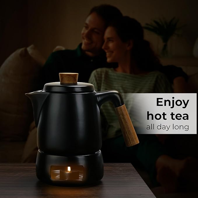 MIAMIO - Teapot Set with Warmer / 34 oz Tea Kettle with Infuser for Steeping Loose Tea Leaves - Gift for Women/Tea Lovers (Black)