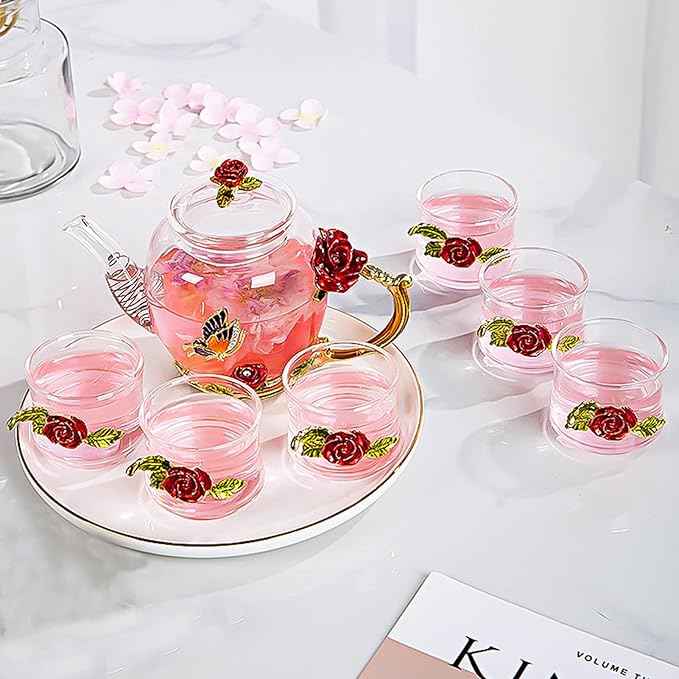 xixi-home Glass Tea Set,Red Rose Teapot Set,Flower Teapot and Cup Set 7-piece set Thickened Clear Tea Kettle coffee cup set fashion ladies Fancy Tea Set,Mother's Day gift-exquisite gift box