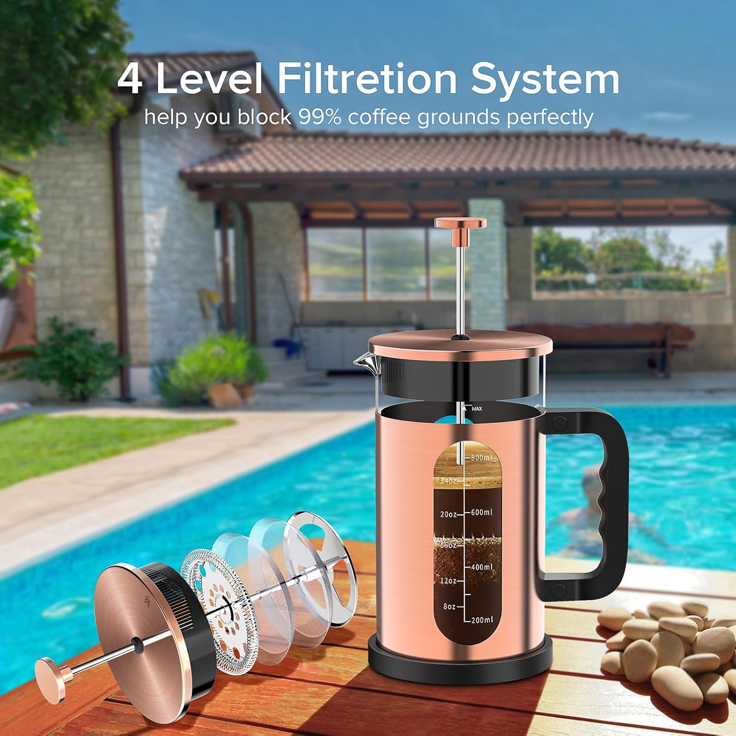 QUQIYSO French Press Coffee Maker, 304 Stainless Steel French Press with 4 Filter, Heat Resistant Borosilicate Glass, Easy to Clean, BPA Free Coffee Press Rust-Free Coffee Maker, 34 ounce, Copper - Blissbrew
