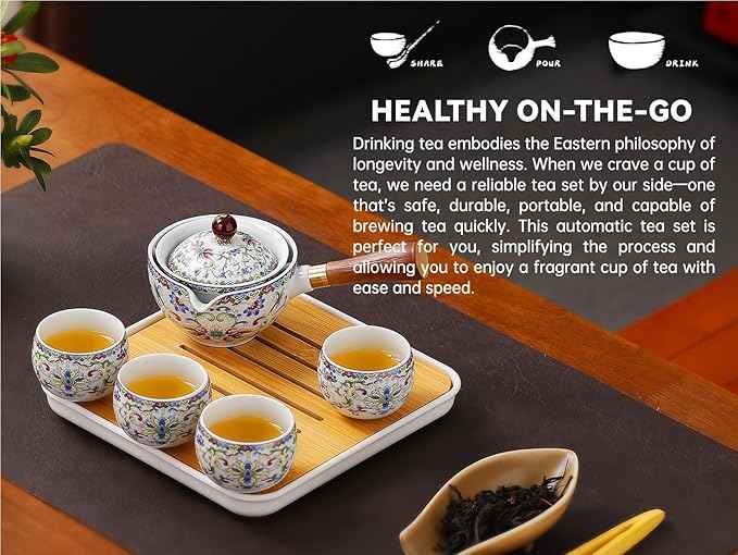 Chinese Tea Set Gongfu Tea Set, Japanese Tea Set with 360 Rotation Tea Maker and Infuser,Leather Bag for Travel, Outdoor,Office, Home, Gifting (4cups-White Treasure Flower)