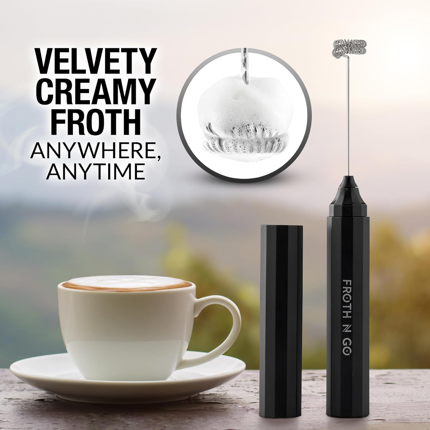 Zulay Froth N Go Milk Frother Rechargeable - 3-in-1 Frother Wand With Case & USB-C Charger - Comes With 3 Whisk Attachments for Latte, Cappuccino, Matcha, Protein Shakes - Black