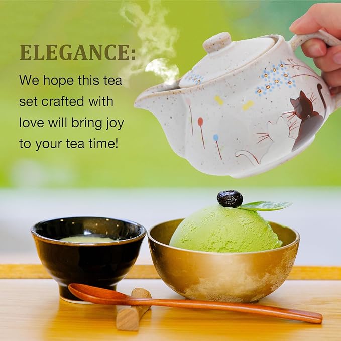 10oz Cat kyusu Kutani Yaki(ware) Japanese CeramicTeapot with Removable Infuser, Stovetop Safe Tea Kettle, Blooming and Loose Leaf Tea Maker Set (Cat, White)