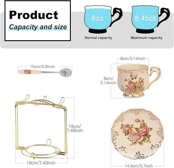 YOLIFE 8 OZ Tea Cups and Saucers Set of 6, Ivory Porcelain Tea Cups Set with Stand, Rose with Gold Leaves Trim Design, Gift for Women (Includes Gift Box, Tote Bag, Greeting Card)