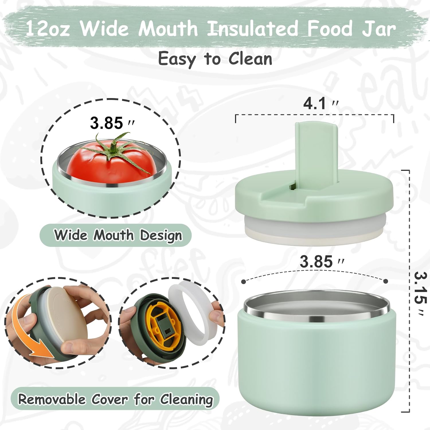 12oz Insulated Vacuum Food Jar with Buckle Lid Wide Mouth Soup Thermo for Hot Food Kids Leakproof Stainless Steel Lunch Container (Mint, 12OZ) - Blissbrew
