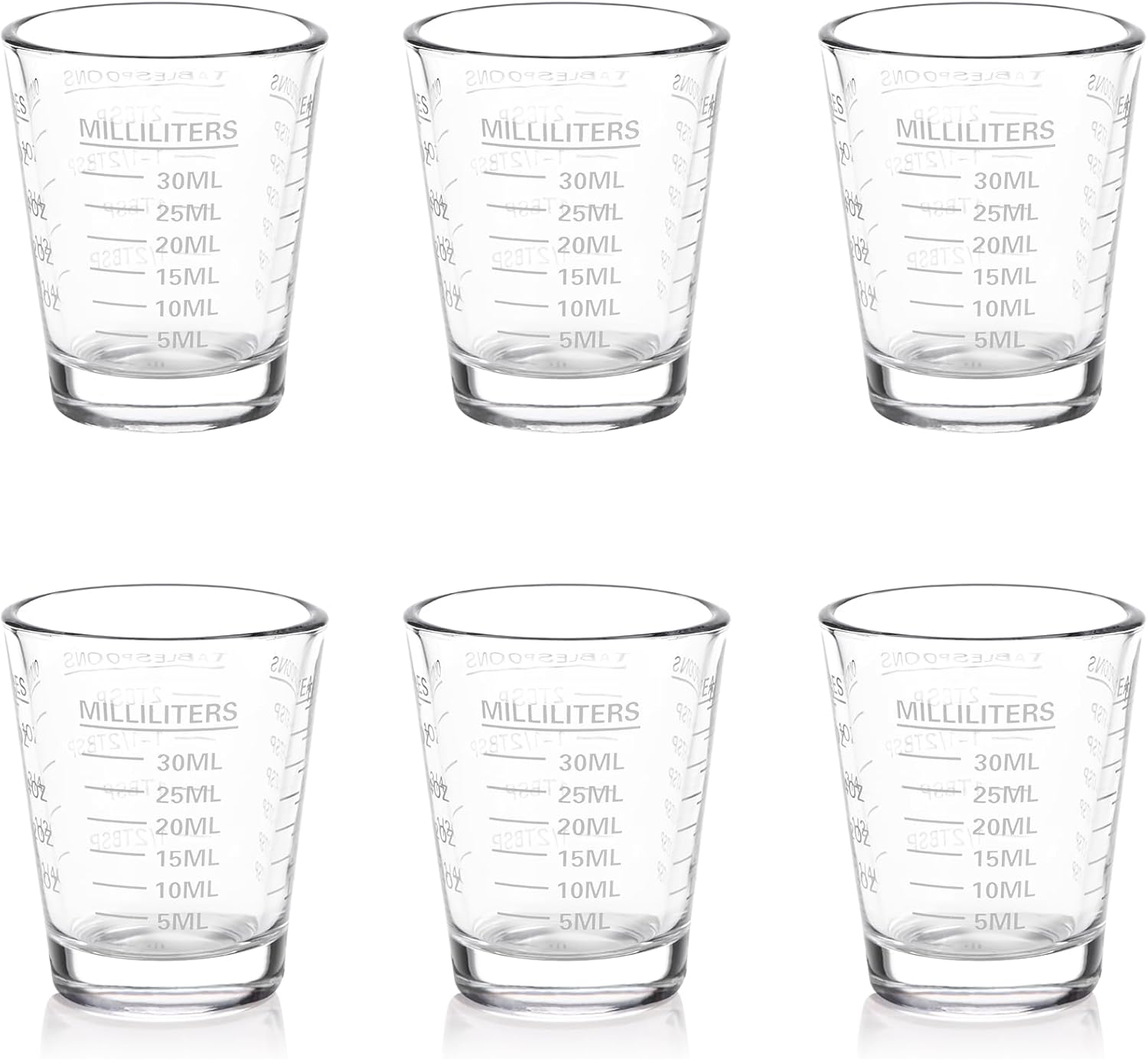Shot Glasses Measuring Cup Set 6 Pack Espresso Shot Glasses Liquid Heavy Glass 26-Incremental Measurement 1 OZ, 2 TBS, 6 TSP, 30 ML Kitchen Tools(White)