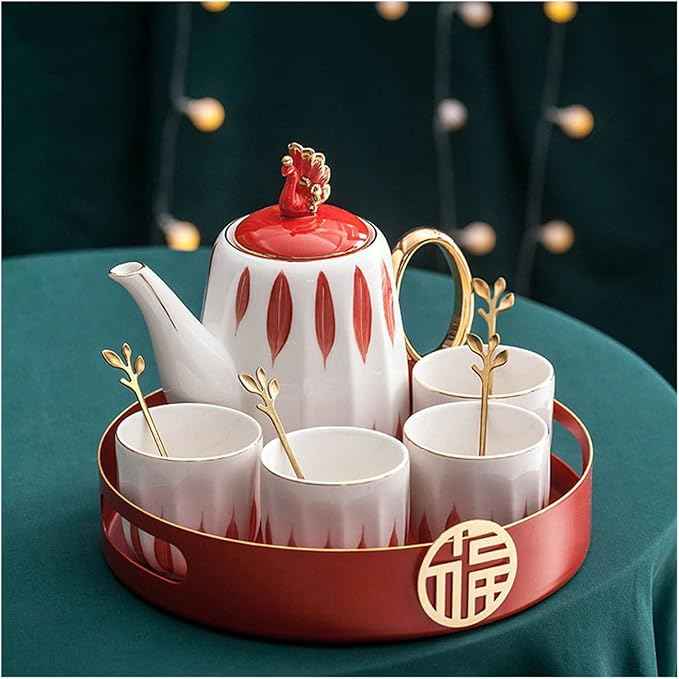 Iced Tea Pitchers Ceramic Luxury Tea Set Household Flower Tea Pot Water Kettle Cup Set Teaware 1 Teapot 4 Cups with Tray for Wedding Gift for Home Kitchen coffee cup