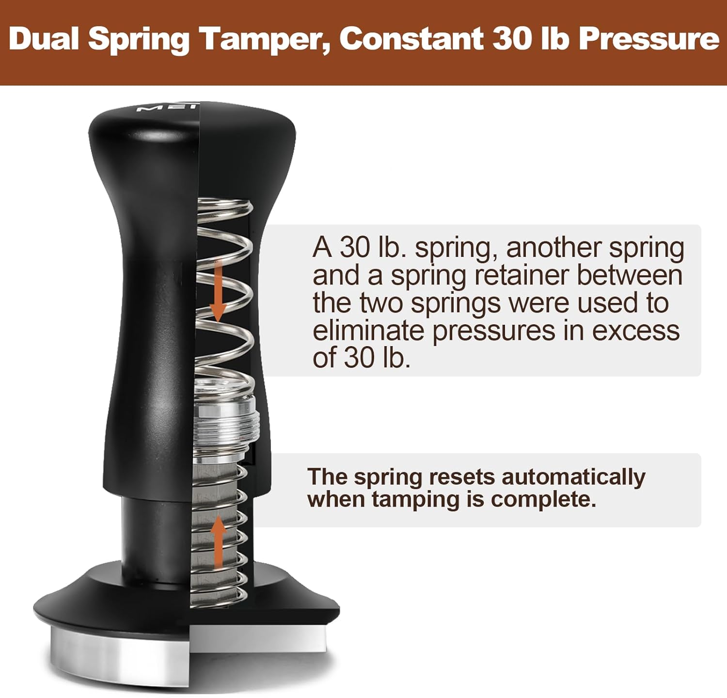MEION Espresso Tamper 58.5mm Coffee Tamper, Calibrated Dual Spring Loaded Barista Tamper with Stainless Steel Base, Comes with aluminum storage pad (58.5MM, Black)