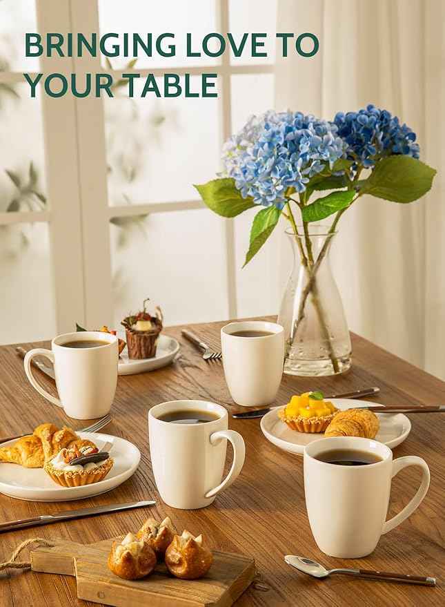 Sweese Porcelain White Coffee Mugs - 12 Ounce - Set of 6, Coffee Cups for Latte, Hot Tea, Cappuccino, Mocha, Cocoa, Festival Gift, Microwave Safe ﻿