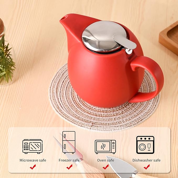 Yundu 32 ounce Red Porcelain Tea Pot - Stainless Steel Lid and Fine Infuser To Brew Loose Leaf Tea, Enough For 4 Cups