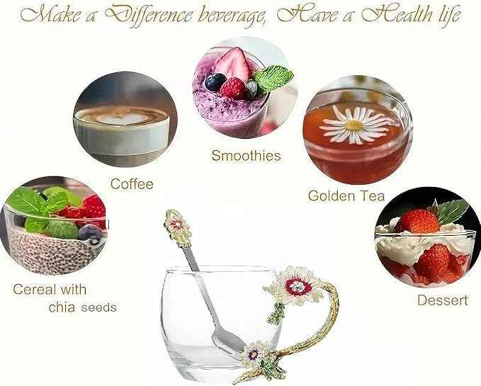 Tea Cup Gifts for Mom Women Mothers Day Glass Coffee Enamels Mug Birthday Butterfly Rose Gifts for Her Valentines Day Christmas Tea Cup with Spoon (A-Cup-Short-Chrysanthemum)