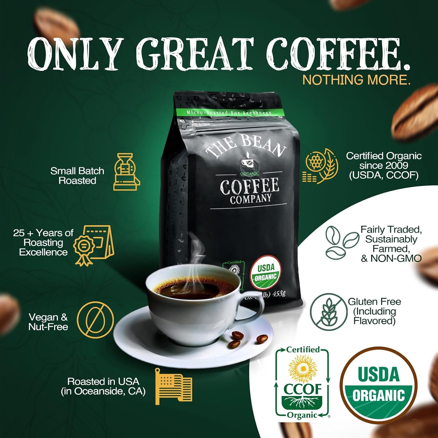 The Bean Organic Coffee Company Central America, Medium Roast, Ground Coffee, 16-Ounce Bag,Café molido tostado organico