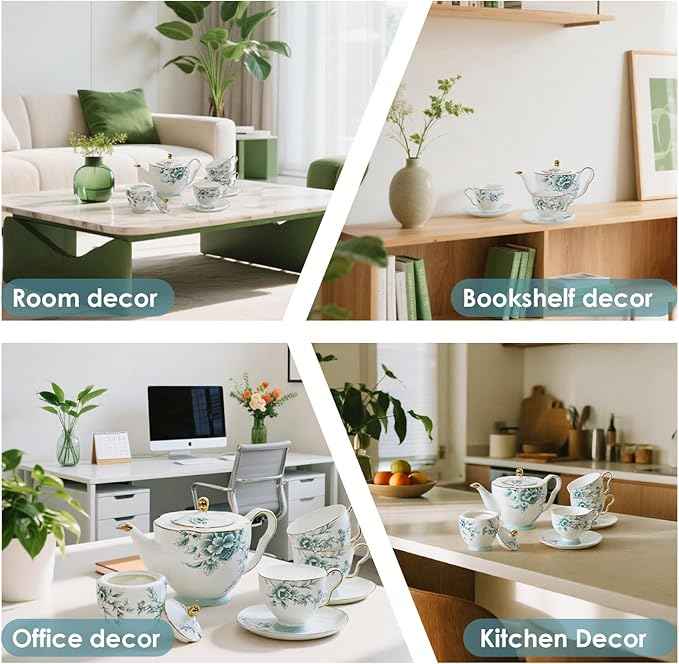 ACMLIFE Bone China Tea Sets for Adults, Blue and White Tea Gift Set, 21 Piece Porcelain, Cup and Saucer Set for 6 Vintage Floral Party for Women or Christmas Gifts Giving (Blue-Leaf-21)