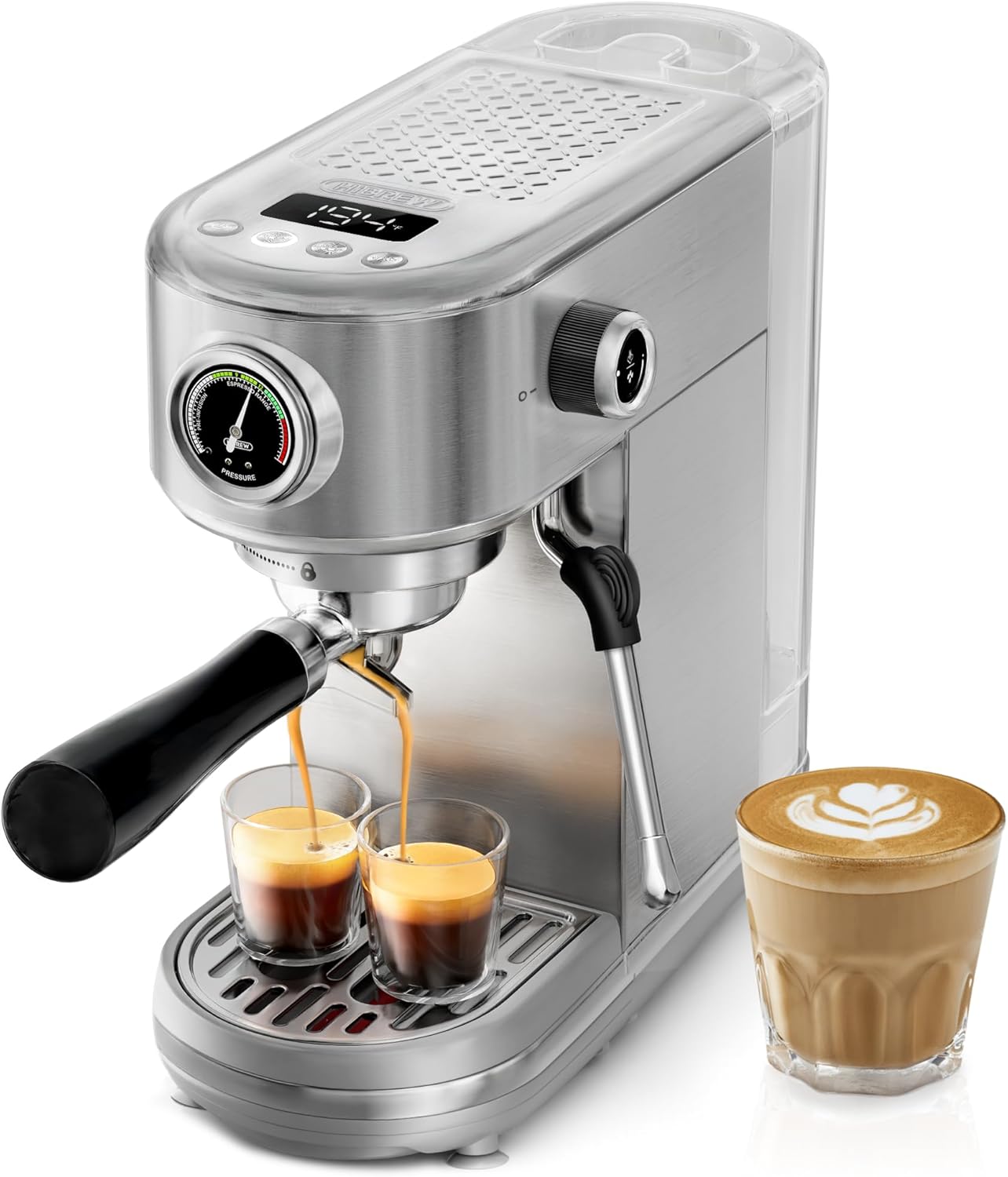 HIBREW H10B - 51mm Espresso Machine - Temperature & Cup Volume Adjustable at will - With Intelligent Display Screen & Pressure Gauge - Stainless Steel Body(Metallic Grey) - Blissbrew
