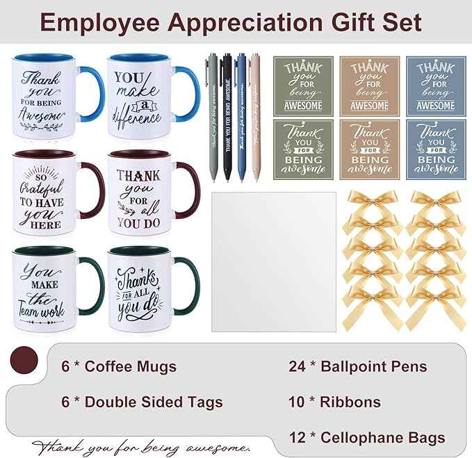 Baderke 6 Set Employee Appreciation Gifts Include Thank You Staff Mug Gift Set 12 oz Appreciation Mugs Inspirational Pens Tags for Employee Staff Team Group (Blue Green Brown,Classic)