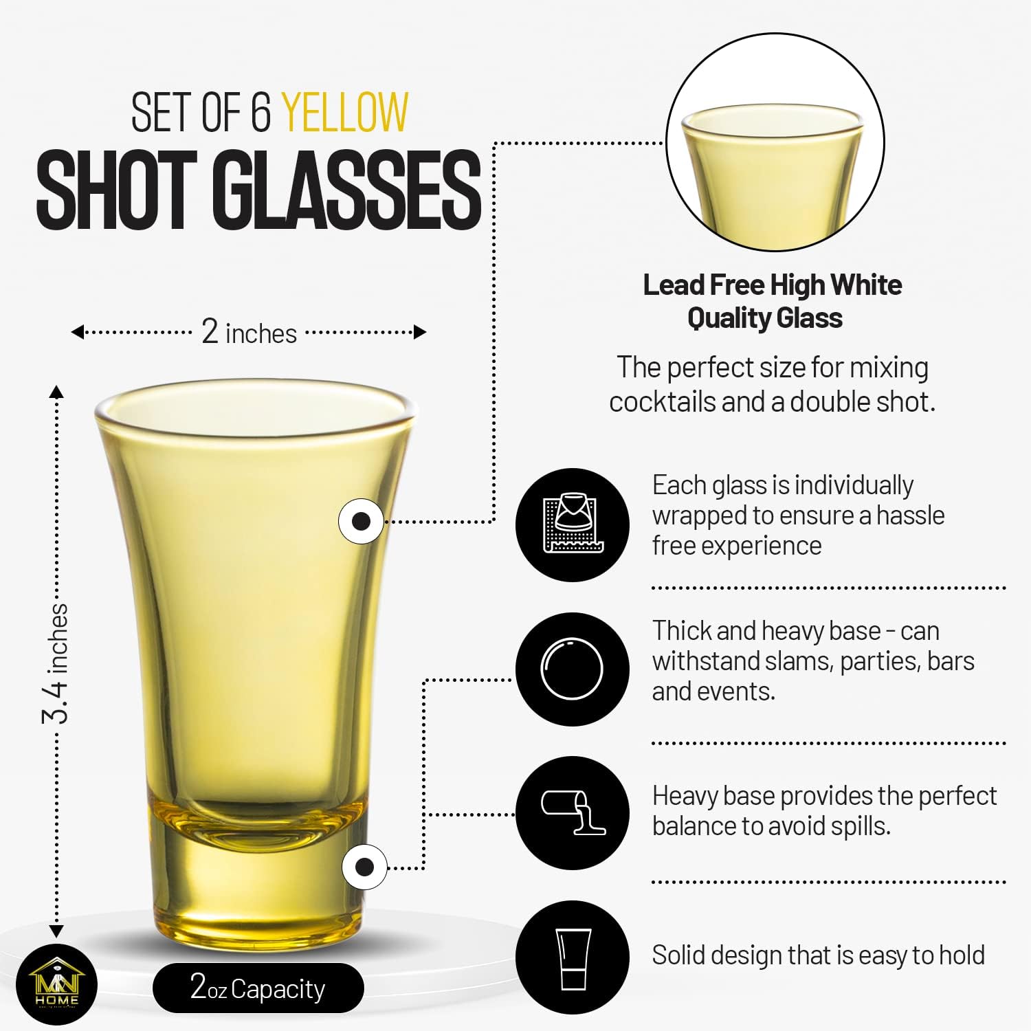 M&N HOME Yellow Shot Glass Set, 2 Oz Set of 6 Colored Shot Glasses, Whiskey Glasses, Tequila Shot Glasses, Cocktail Glasses, Shot Glasses for Vodka, Spirits & Liquors, Shot Glass Gifts (Yellow Set)