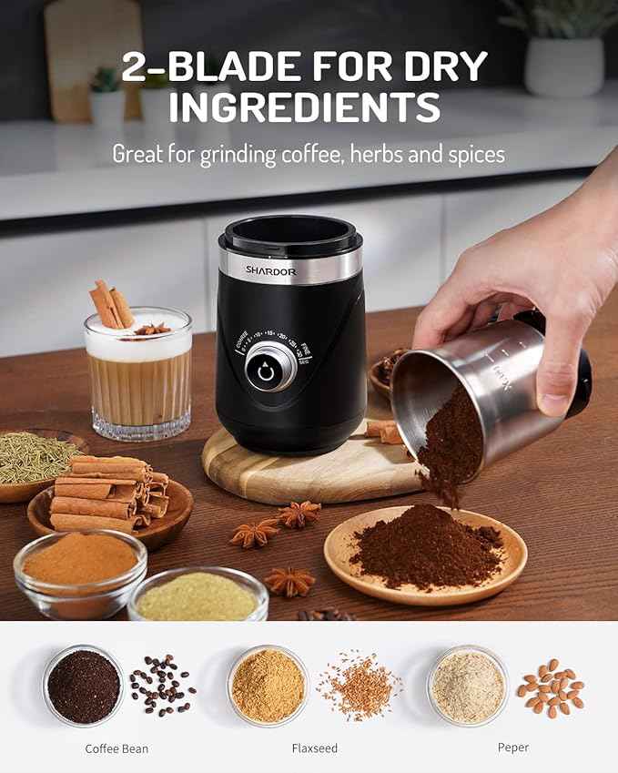 SHARDOR Electric Super Silent Blade Coffee Grinder, Timed Grind Control Rotary Knob, Adjustable Coarse to Fine for Coffee Beans, Spices & Herbs, with 2 Removable Stainless Steel Bowl, Black