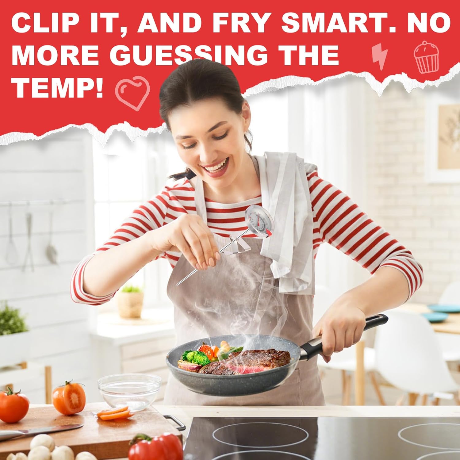 Candy Thermometer Waterproof - Oil Thermometer for Frying with Clips - 9" Side of Pot Thermometer Deep Fry for Oil Candy Candle BBQ - Silver