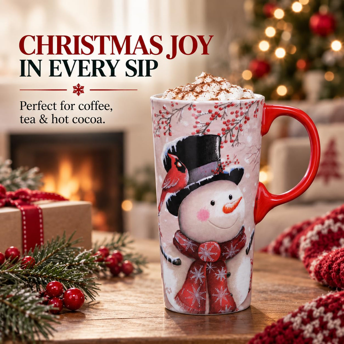 Snowman and cardinal holiday mug front view