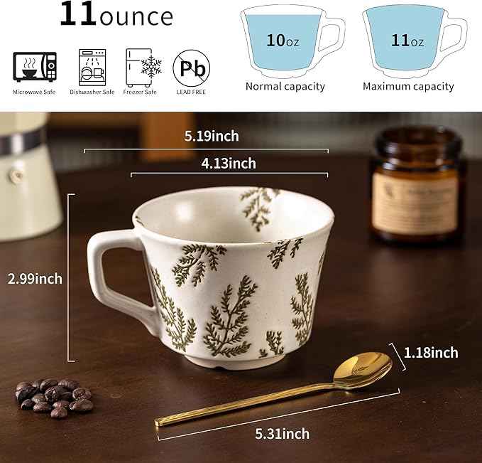 Coffee Mugs Set of 4 with Gold Spoon, 11 oz Porcelain Mug, Ceramic Tea Cups with Handle for Men Women, Hand-painted Mug, Birthday Housewarming Wedding Gift, Dishwasher Microwave Safe