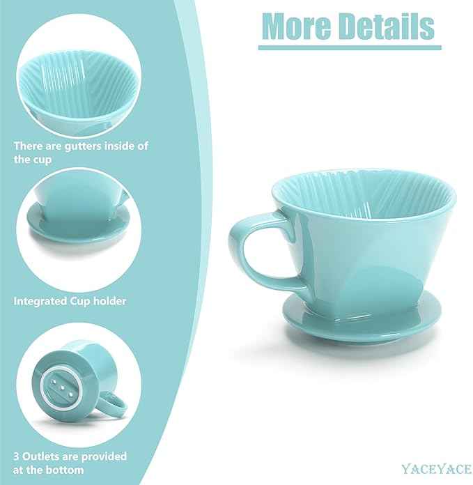 Ceramic Pour Over, Ceramic Coffee Dripper with 3 Holes, Medium Aqua Pour Over Coffee for Café, Dining, shop, Home, Office