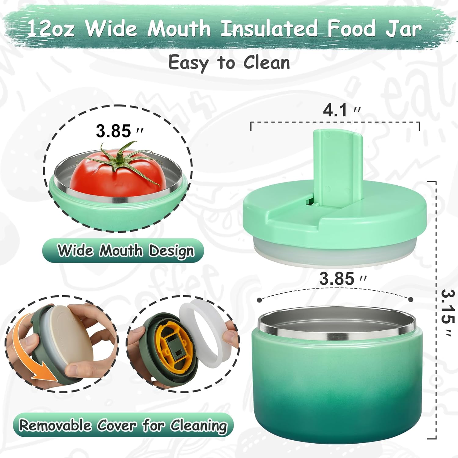 12oz Insulated Vacuum Food Jar with Buckle Lid Wide Mouth Soup Thermo for Hot Food Kids Leakproof Stainless Steel Lunch Container (Gradient Green, 12OZ) - Blissbrew