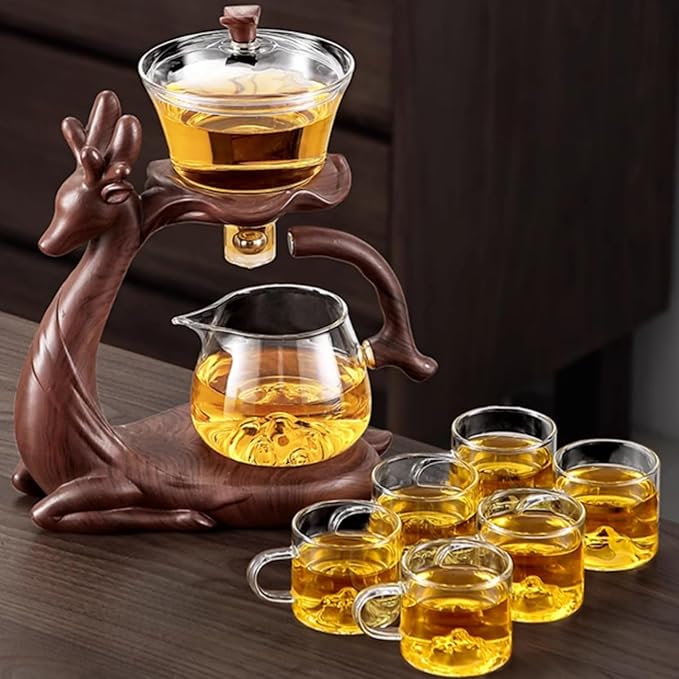 Chinese Gongfu Tea Set - Glass Teapot with Infuser Semi Automatic Tea Maker Set for Loose Leaf Tea (Include 6 cups)