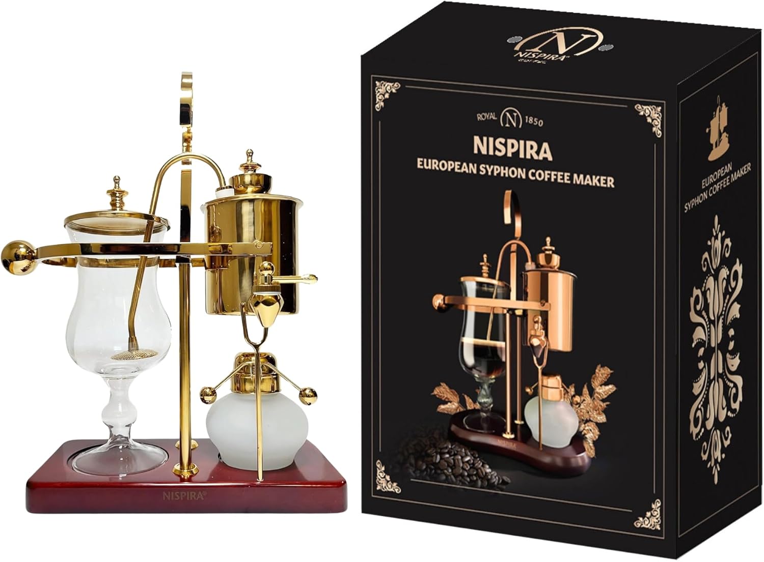 Nispira Belgium Royal Family Balance Syphon Unique Gravity Vintage Coffee Maker Vacuum Brewing System Gold 500 ml - Blissbrew