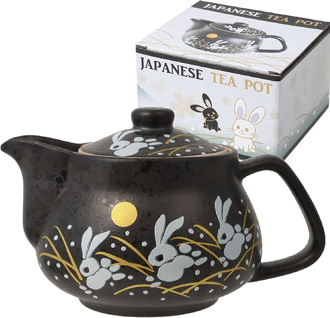 10oz bunny kyusu Rabbit Kutani Yaki(ware) Japanese Teapot with Removable Infuser, Handle Mug Stovetop Safe Tea Kettle, Blooming and Loose Leaf Tea Maker Set(Ceramic, Rabbit Black)