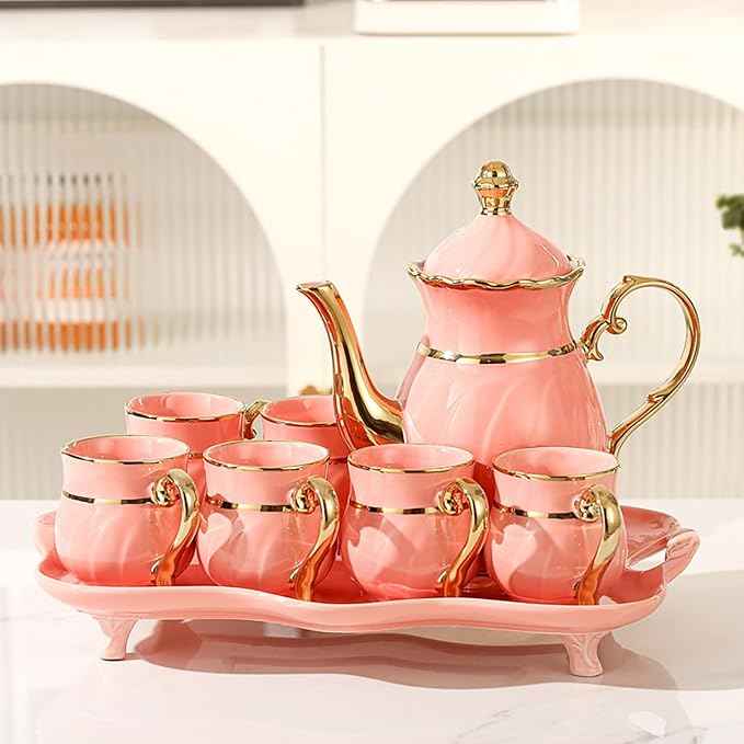 Adult Tea Set, Luxury English Teacup Set, Exquisite Ladies Tea Set (6 Cups + 1 Pot + 1 Tray) With Gift Box Packaging (pink)