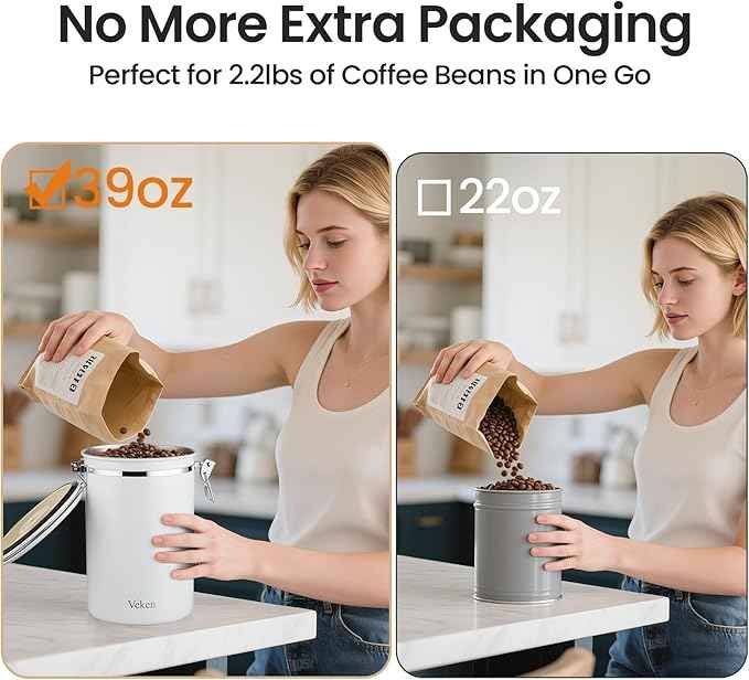 Veken Coffee Canister, 39OZ Large, Airtight Stainless Steel Food Storage Container for 2.2lbs Coffee Beans, Ground, Sugar, Tea, Flour, Cereal, Kitchen Bar Accessories with Date Tracker & Scoop, White