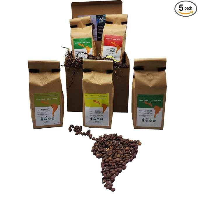 Coffee Gift Set Las Americas 5 Pack 12oz Gourmet Organic Medium Roast whole Bean with Best Beans From Mexico, Guatemala, Peru, Colombia and Brazil 60oz