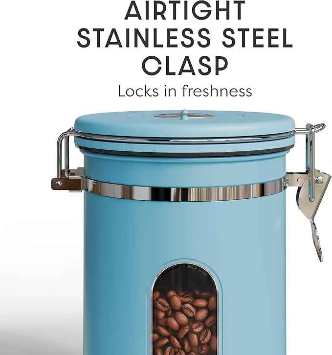 Veken Coffee Canister with Window, Easter Gifts Airtight Stainless Steel Container with Lids, Home Kitchen Food Storage Jars for Grounds, Beans, Tea, Flour, Cereal, Sugar, Basket, Scoop, 22OZ, Blue