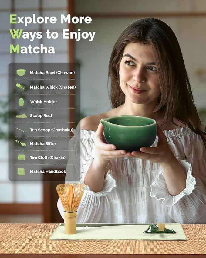 Maestri House Matcha Whisk Set, 7-Pc Complete Matcha Kit with Spouted Ceramic Bowl, Bamboo Whisk and Holder, Scoop, Spoon Rest & Sifter, Tea Cloth – Ideal Gift for Matcha Lovers (Emerald Kanso)