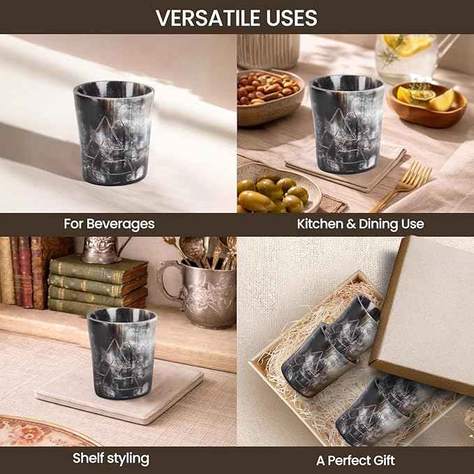 Handicrafts Home Viking Horn Shot Glasses Set of 4, Handmade Natural Ox Horn, Rustic Viking Drinkware Whiskey Shot Cups, Father’s Day Gifts, Medieval Decor Gift Set for Men & Groomsmen, Birthday Gifts