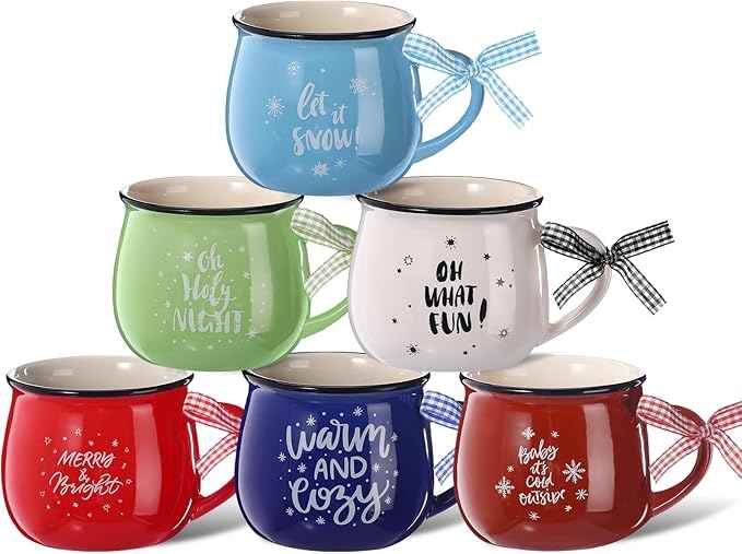 Sawysine Christmas Coffee Mugs Set of 6, 12 oz Ceramic Mug Gift Holiday Hot Cocoa for Family Mom Woman Friend Farmhouse (Colorful Style)